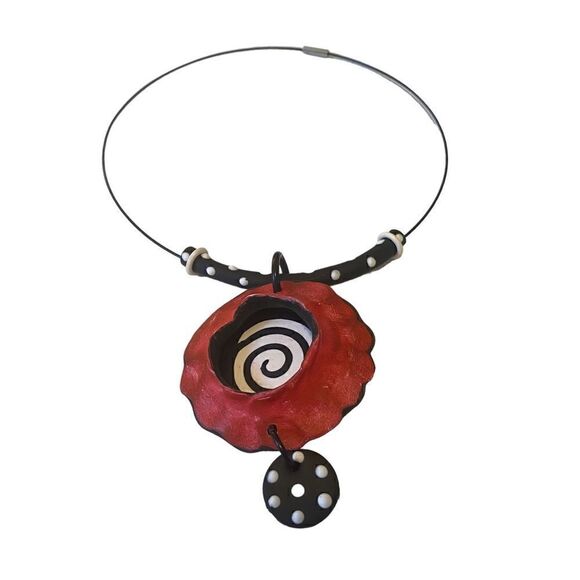 Stylish, Lightweight, Red, Black & White Circular Pendant Necklace on Black Wire - Picture 6 of 6